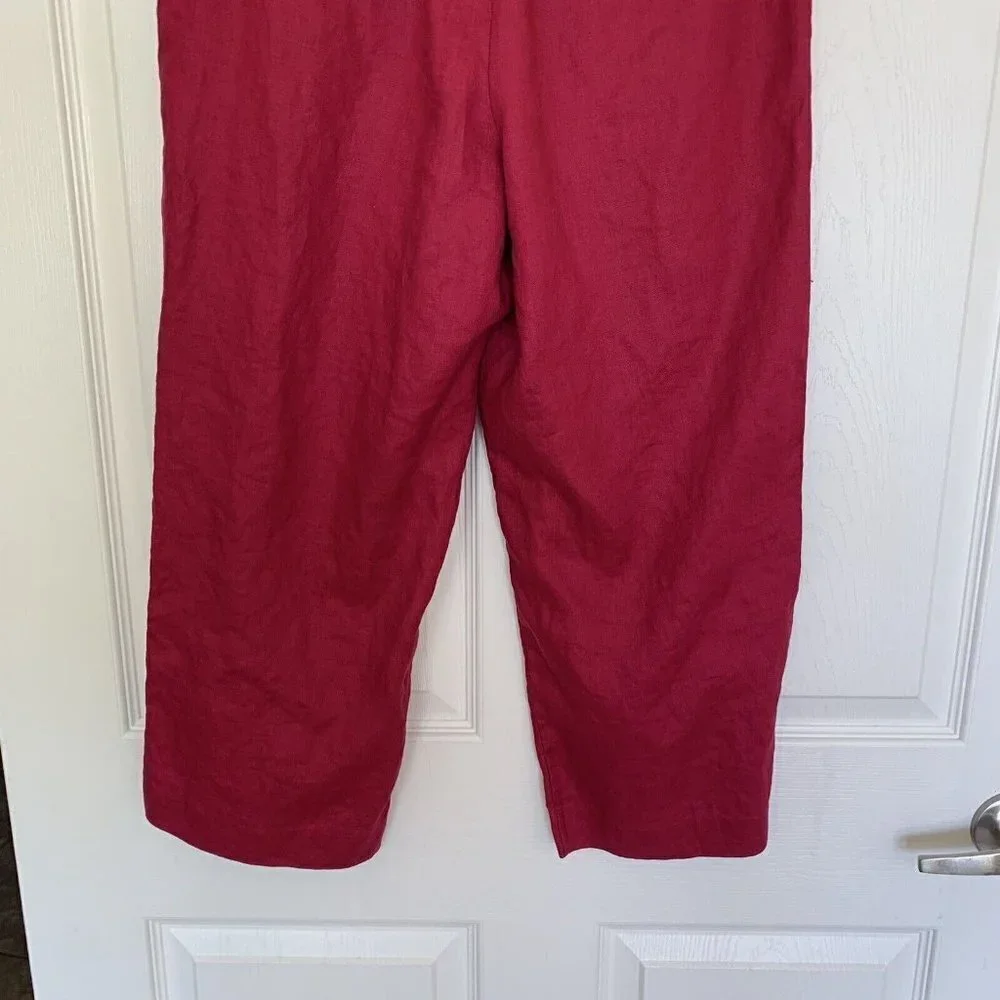 Liz Claiborne Audra Size 8 Wine Color 100% Linen Wide Leg Cropped Belt